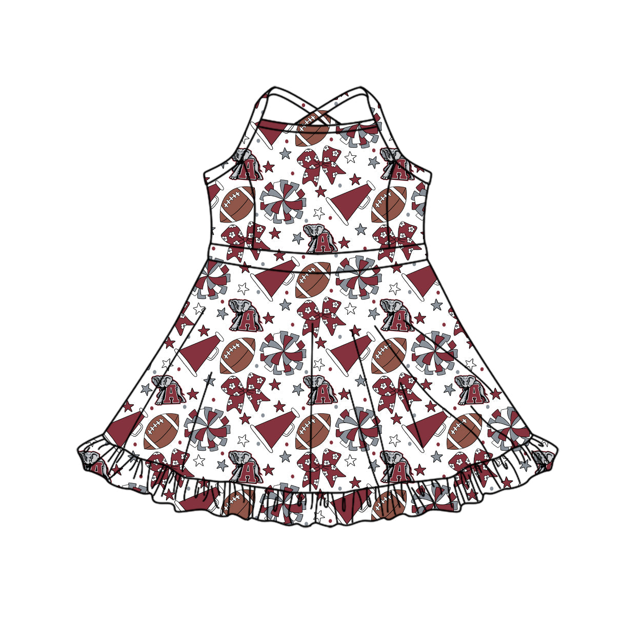 Preorder (moq 5)Baby Girls Strap Bows Stars Footballs Team Shorts Ruffle Knee Length Dress