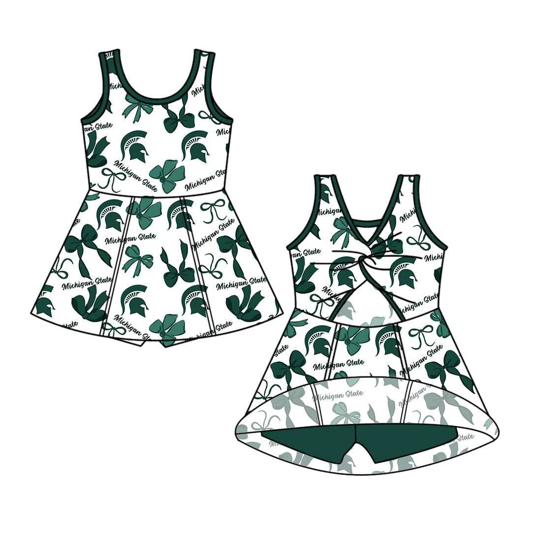 Preorder (moq 5)Baby Girls Sleeveless Michigan State Bows Team Shorts Knee Length Dress
