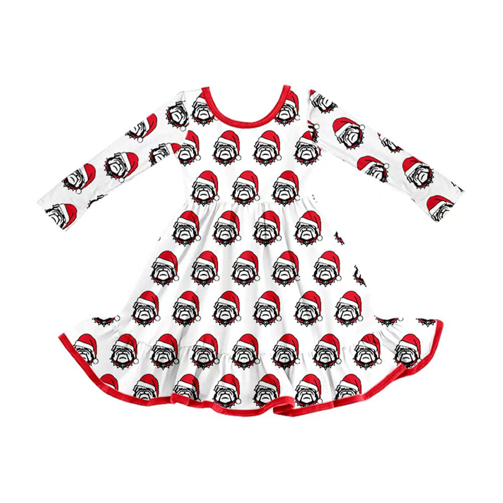 Preorder (moq 5)Baby Girls Bulldogs Team Christmas Ruffle Knee Length Dresses