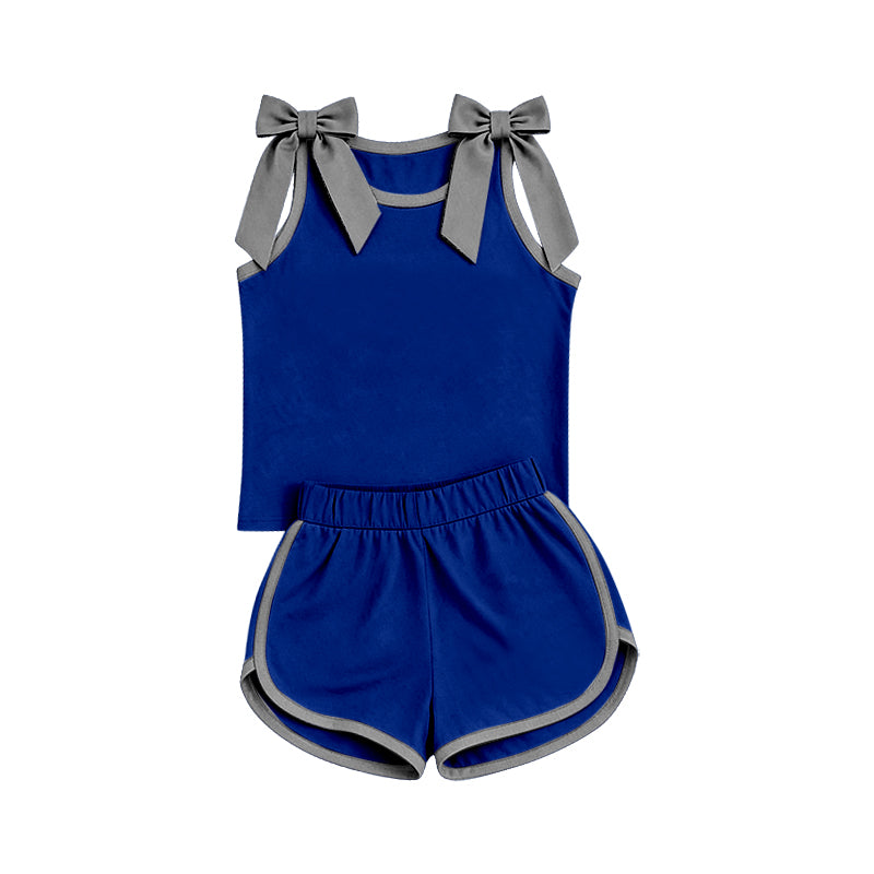 Preorder (moq 5)Baby Girls Blue Grey Bows Sleeveless Top Short Clothes Sets