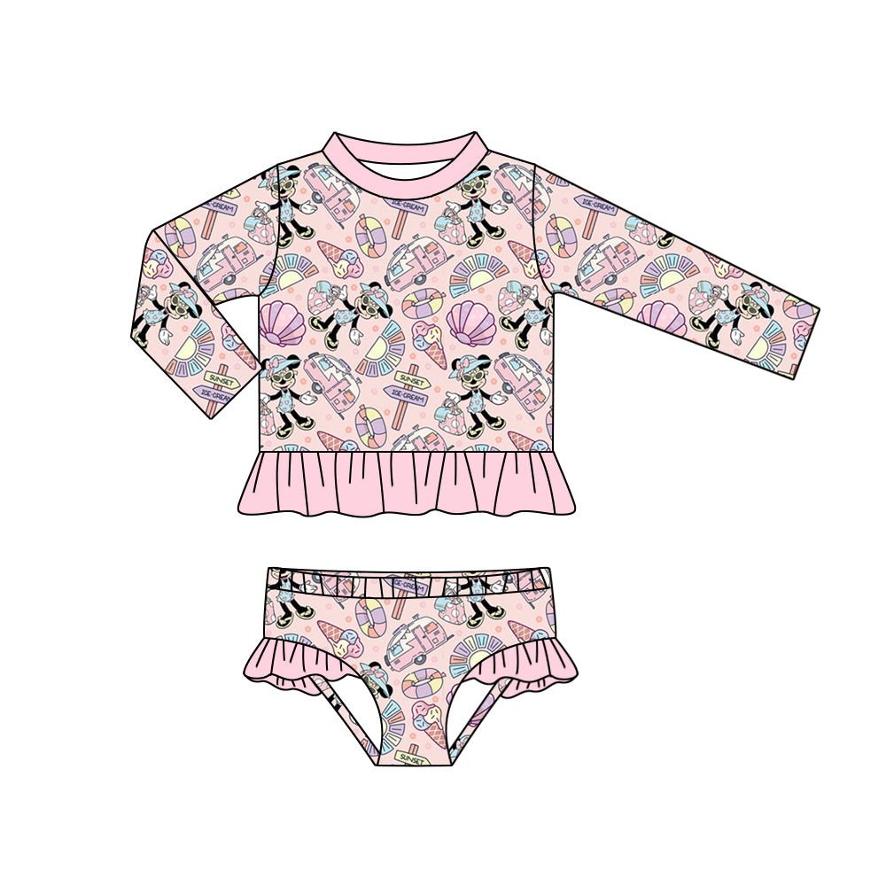Baby Girls Cartoon Mouse Pink Long Sleeve Top Bummie 2pcs Swimsuits preorder(moq 5)