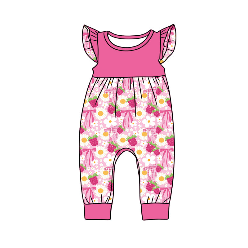 Preorder (moq 5)Baby Girls Pink Flutter Sleeve Daisy Flowers Bows Pant Rompers