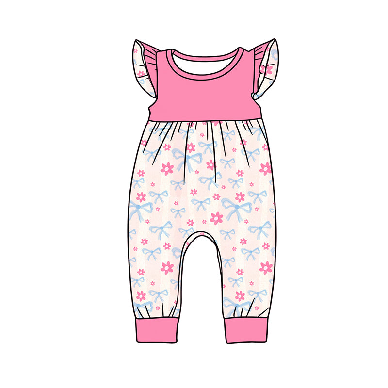 Preorder (moq 5)Baby Girls Flutter Sleeve Bows Flowers Checked Pant Rompers