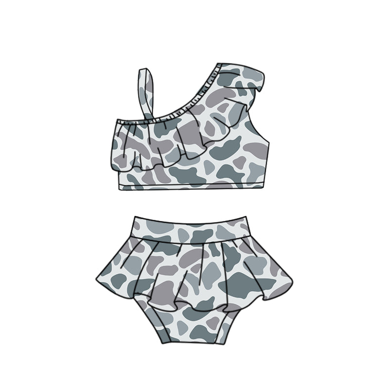Preorder (moq 5)Baby Girls One Shoulder Southern Light Grey Camo Vests Tunic Bummies Swimsuits
