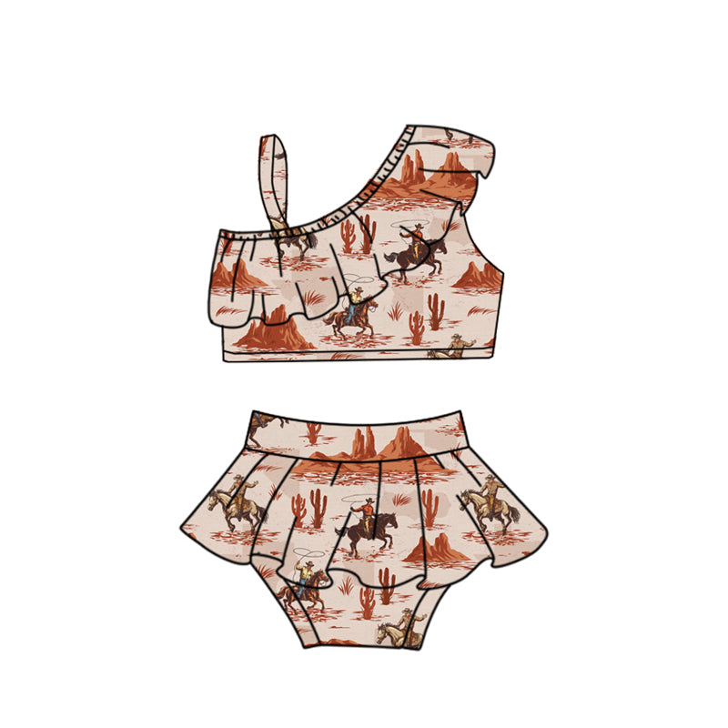 Preorder (moq 5)Baby Girls One Shoulder Western Horse Rodeos Cactus Vests Tunic Bummies Swimsuits