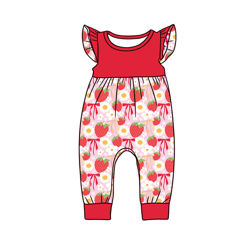 Preorder (moq 5)Baby Girls Red Flutter Sleeve Daisy Flowers Strawberry Pant Rompers