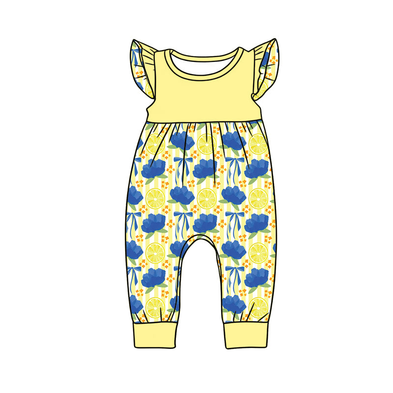 Preorder (moq 5)Baby Girls Yellow Flutter Sleeve Flowers Lemons Pant Rompers