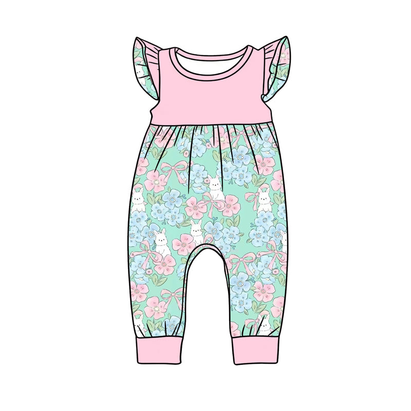 Preorder (moq 5)Baby Girls Flutter Sleeve Flowers Rabbits Easter Pant Rompers
