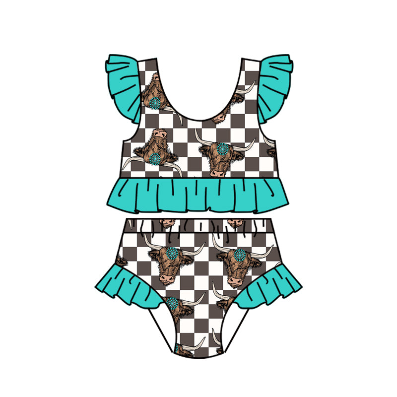 Preorder (moq 5)Baby Girls Highland Cows Turquoises Vests Bummies Western Swimsuits