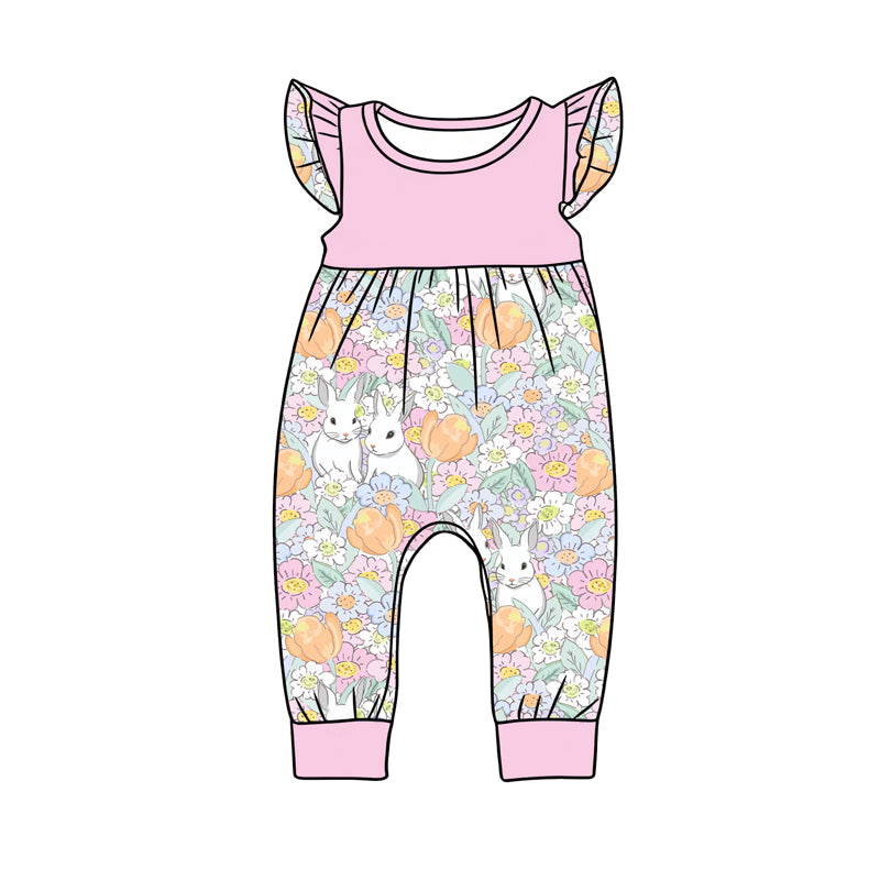 Preorder (moq 5)Baby Girls Flutter Sleeve Flowers Rabbits Easter Pant Rompers
