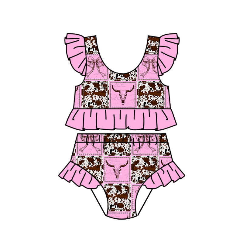 Preorder (moq 5)Baby Girls Pink Bows Bull Skulls Vests Bummies Western Swimsuits