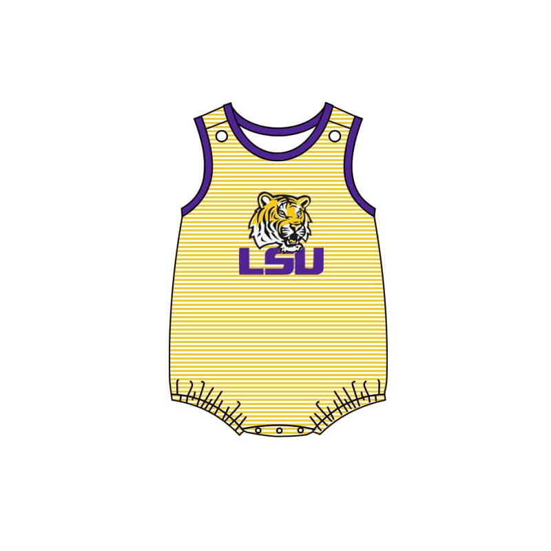 Preorder moq 5 Baby Boys Stripe Purple LSU Tiger Rompers