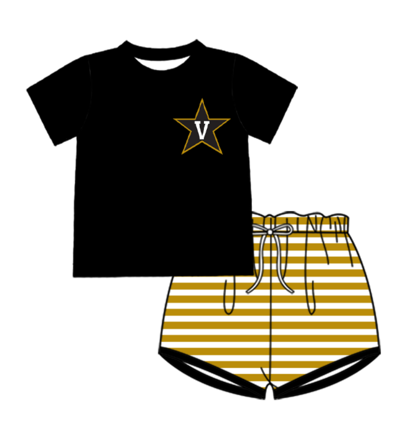 Preorder (moq 5)Baby Boys Black Stars V Top Gold Stripe Shorts Team Clothes Sets
