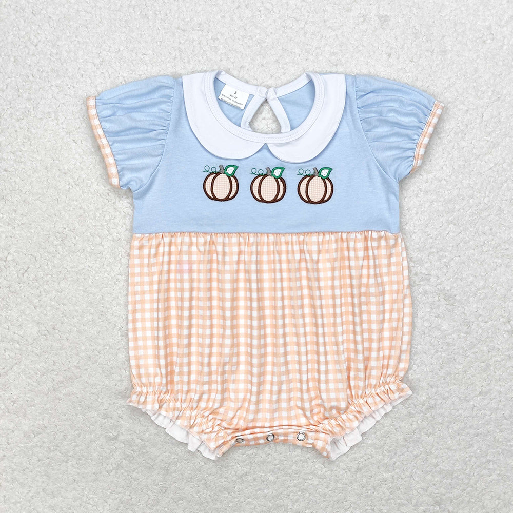 Baby Infant Girls Fall Pumpkin Checkered Short Sleeve Rompers