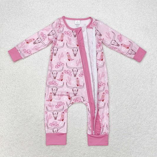 Baby Girls Cow Skull Pink Ruffle Zippy Long Sleeve Bamboo Rompers