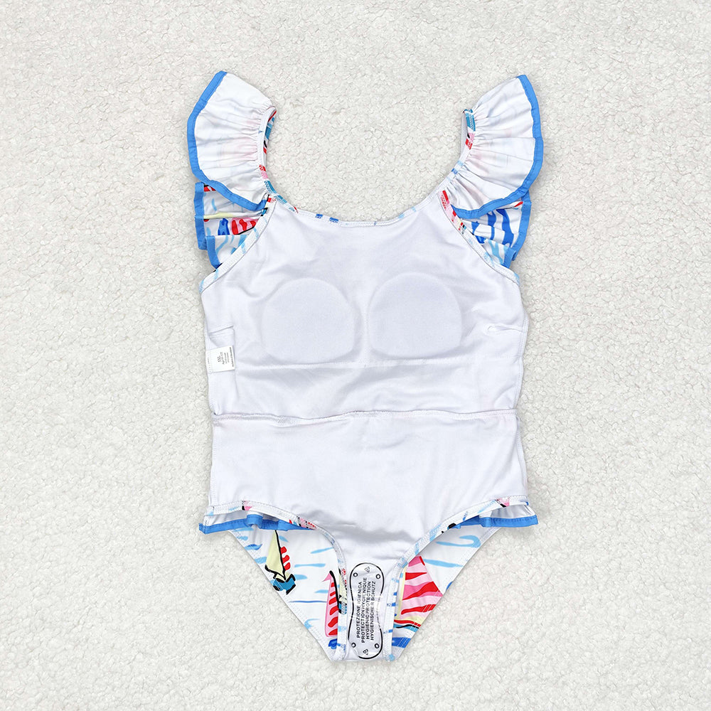 Baby Girls Blue Boats Bow Top Bummie Bows Swimsuits