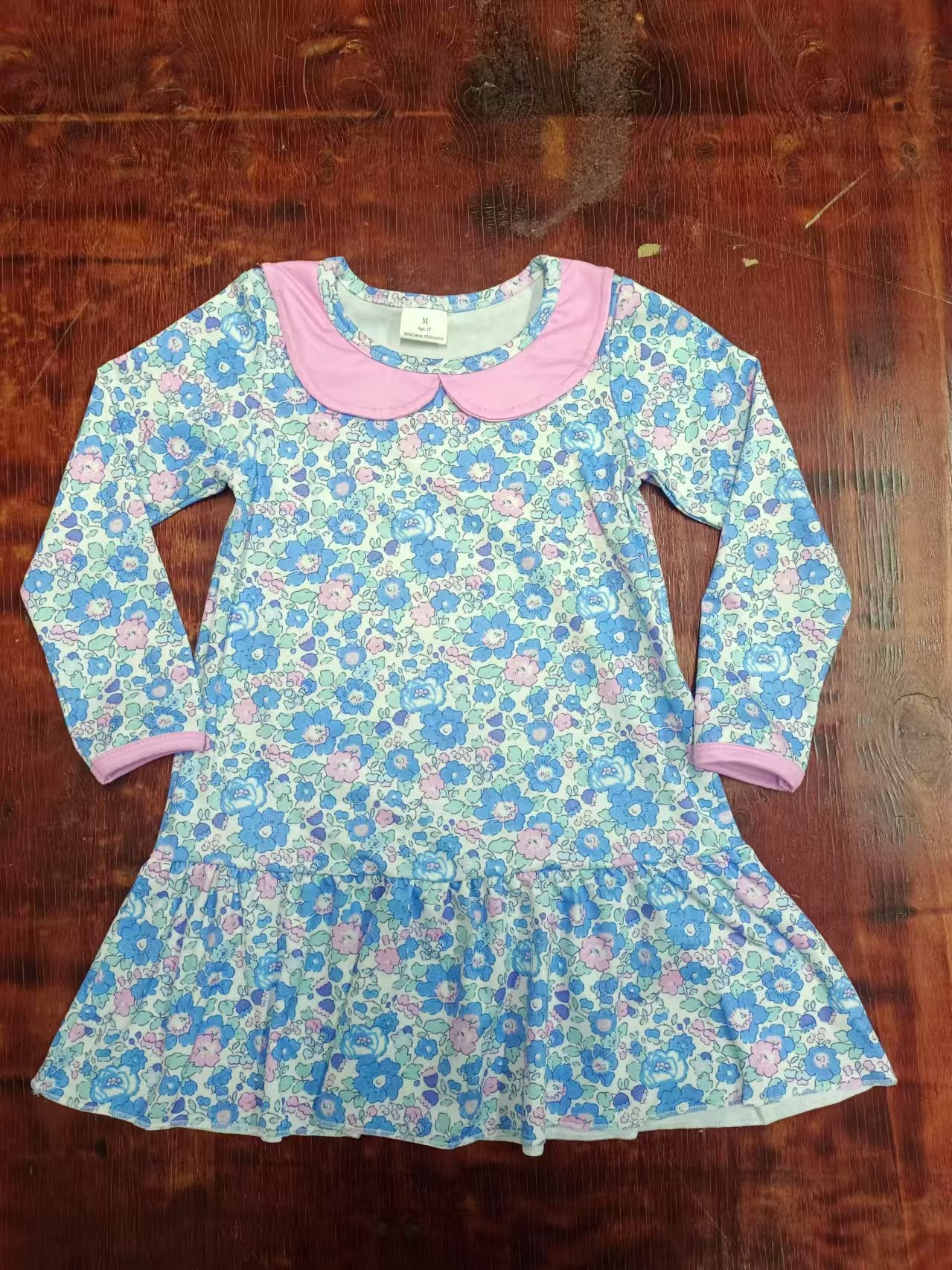 Preorder (moq 5)Baby Girls Blue Flowers Collar Knee Length Dresses