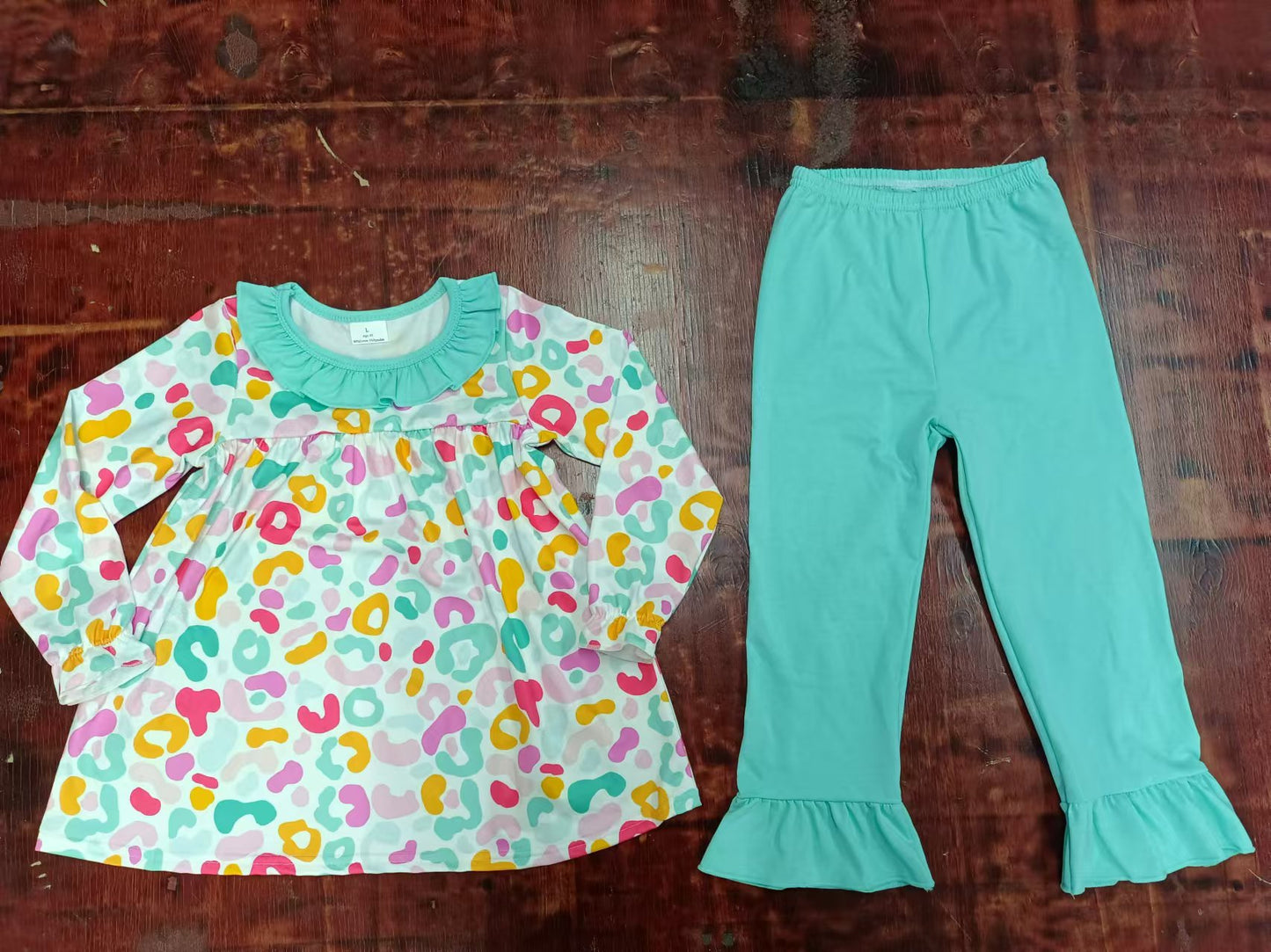 Preorder (moq 5)Baby Girls Turquoise Leopard Tunic Top Legging Outfits Clothes Sets