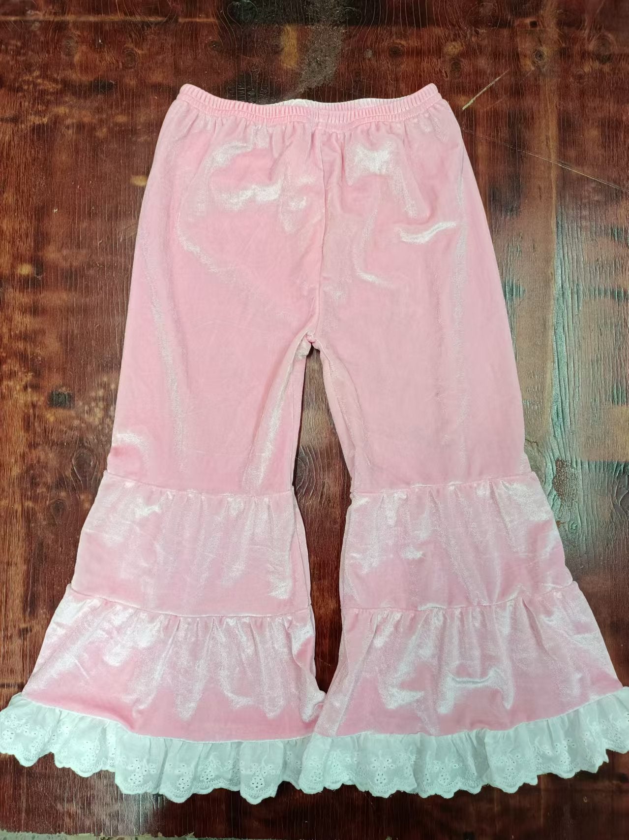 Preorder (moq 5)Baby Girls Pink Velvet Lace Ruffle Bell Bottom Pants