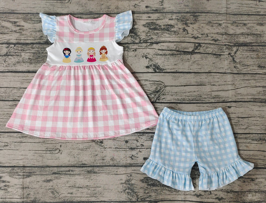 Baby Girls Pink Princess Checkered Tunic Top Ruffle Shorts Clothes Sets
