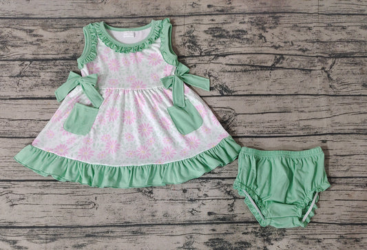 Baby Girls Green Pink Flowers Sleeveless Top Summer Bummies Clothes Sets