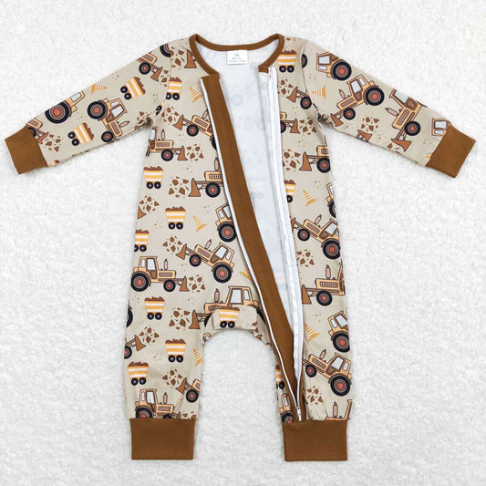 Baby Boys Brown Construction Zip Rompers