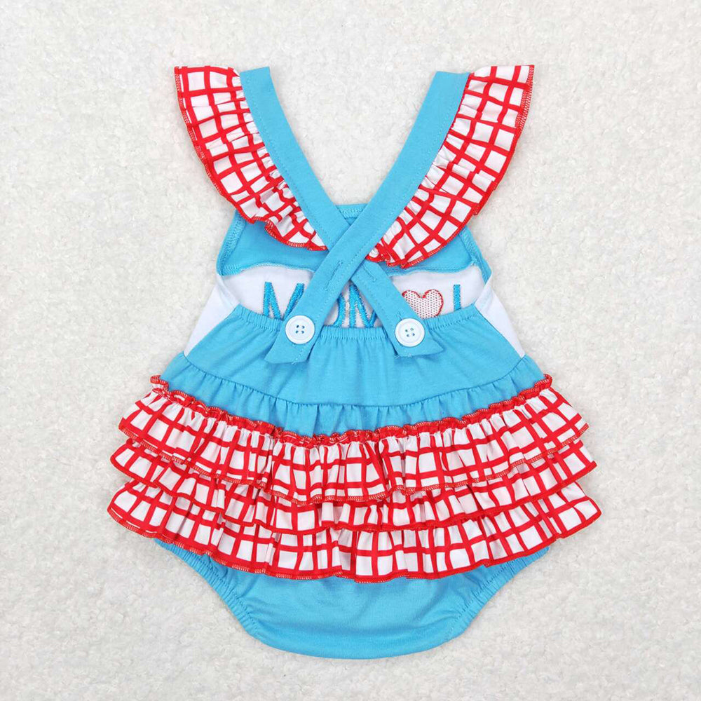 Baby Infant Girls I Love Mom Blue Ruffle Bubble Rompers