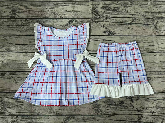 Baby Girls Blue Checkered Bows Tunic Ruffle Shorts Clothes Sets