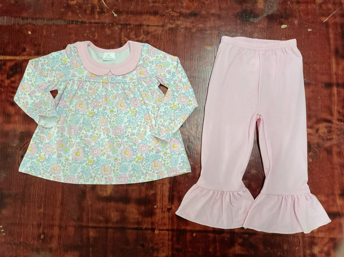 Baby Girls Pink Blue Flowers Tunic Ruffle Pants Clothes Sets preorder(MOQ 5)