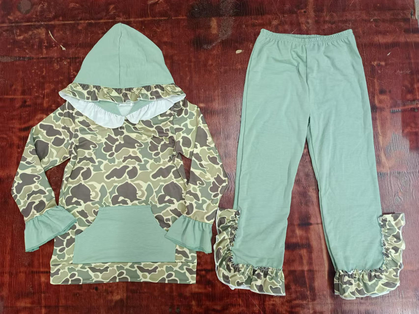 Preorder (moq 5)Baby Girls Green Camo Hooded Top Ruffle Pants Clothes Sets
