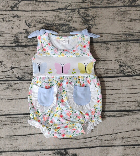 Baby Infant Girls Butterfly Straps Pockets Floral Rompers