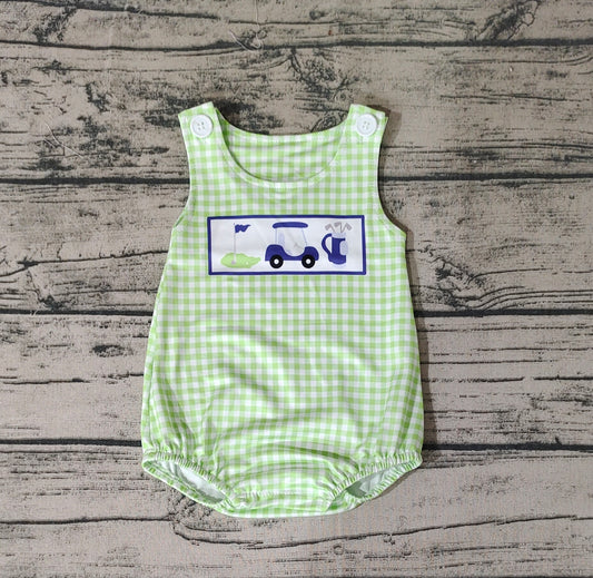 Baby Infant Boys Golf Hole In One Green Checkered Sleeveless Rompers