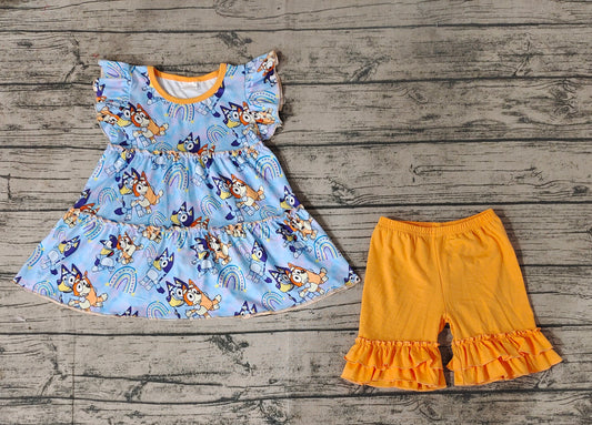 Baby Girls Dog Rainbow Flutter Sleeve Top Ruffle Shorts Clothes Sets