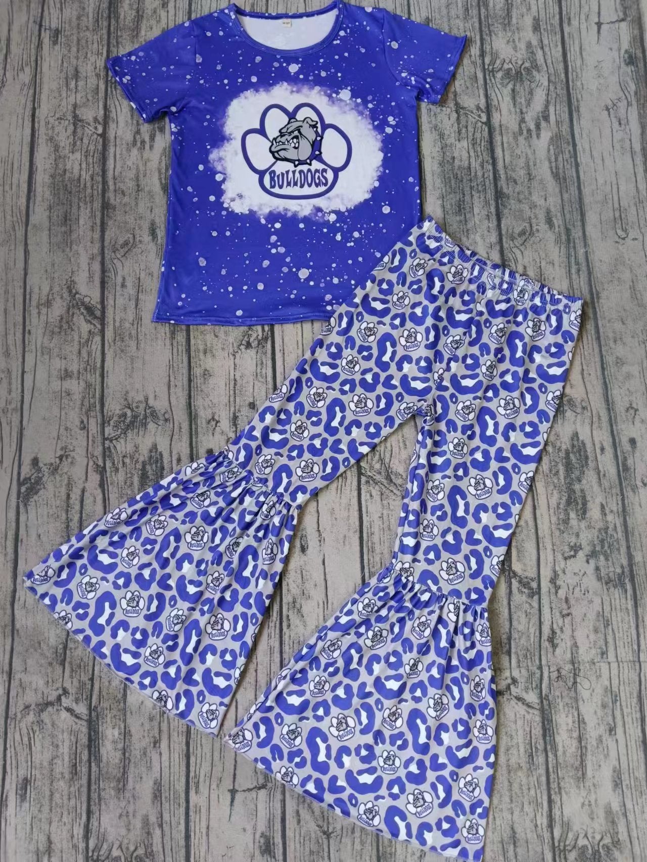 Baby Girls Blue Bulldogs Teams Top Leopard Bell Pants Clothes Sets Preorder(moq 5)