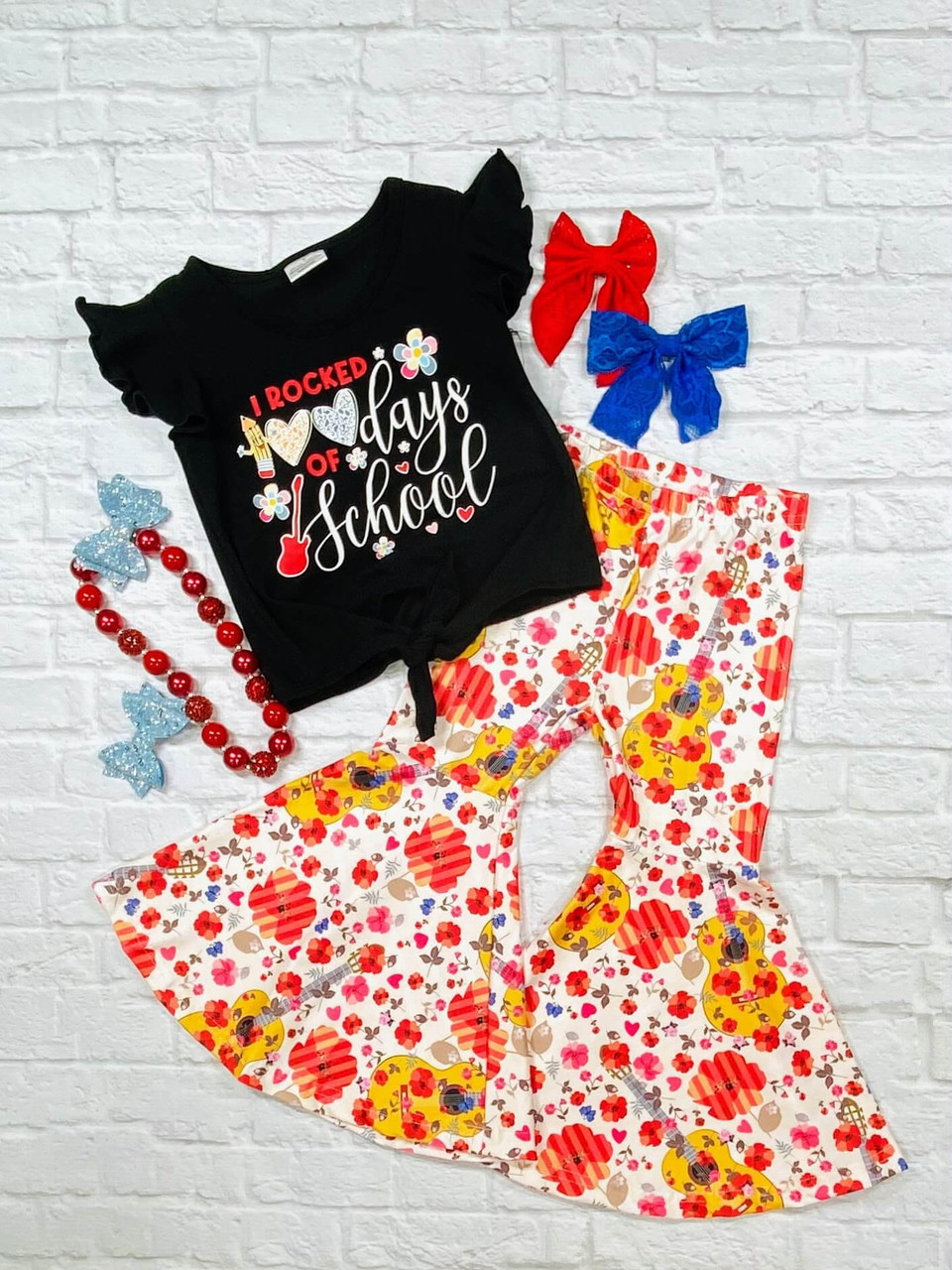 Baby Girls 100 days school Top Floral Bell Pants Clothes Sets preorder(moq 5)