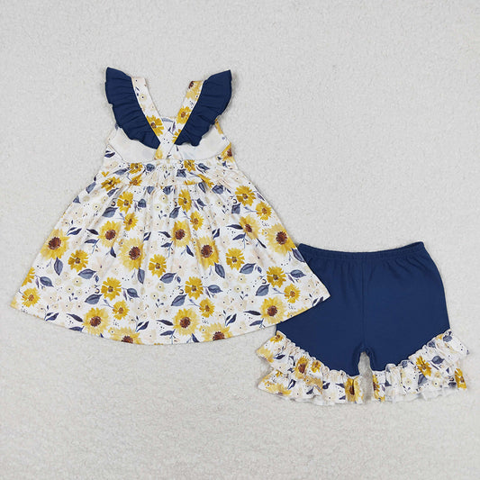 Baby Girls SunFlowers Flutter Sleeve Tunic Ruffle Shorts Clothes Sets