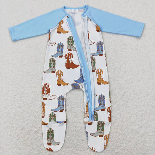 Baby Infant Boys Western Blue Boots Zip Sleepers Rompers