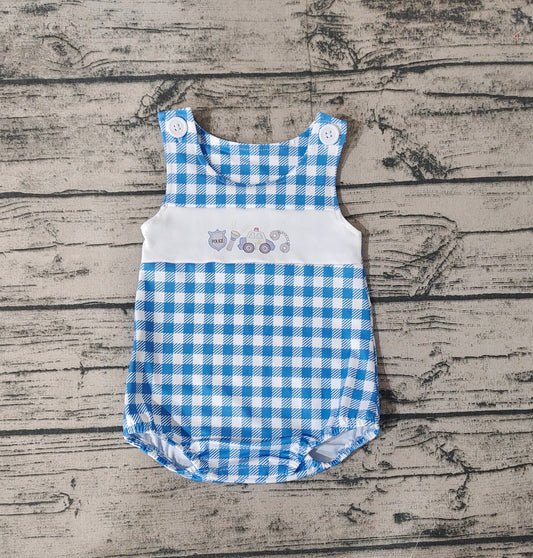 Baby Infant Boys Police Blue Checkered Summer Sleeveless Rompers