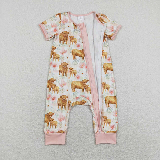 Baby Infant Girls Highland Cows Checkered Flowers Zip Rompers