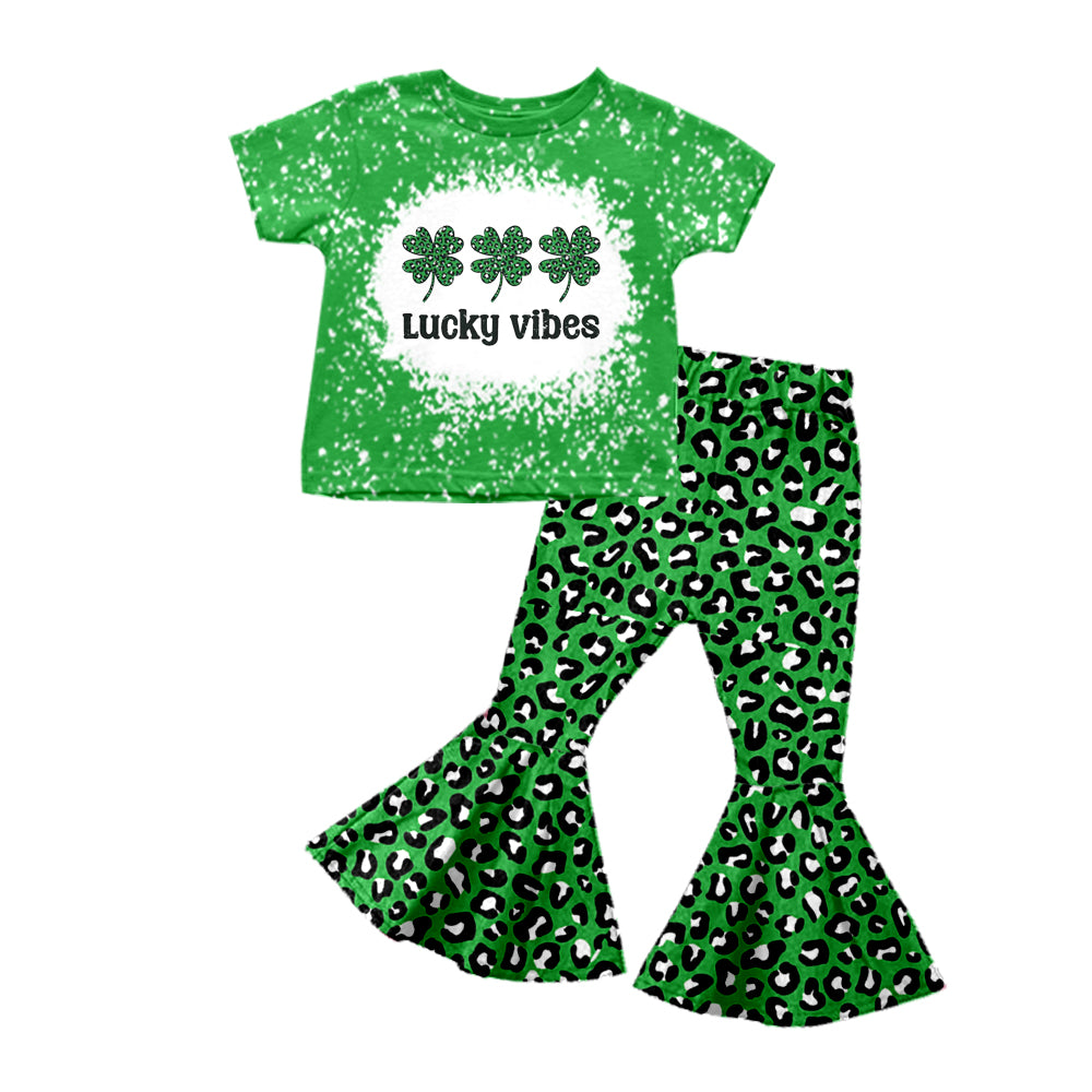 Baby Girls Lucky St Patrick Tee Leopard Bell Pants Clothing Sets Preorder(moq 5)