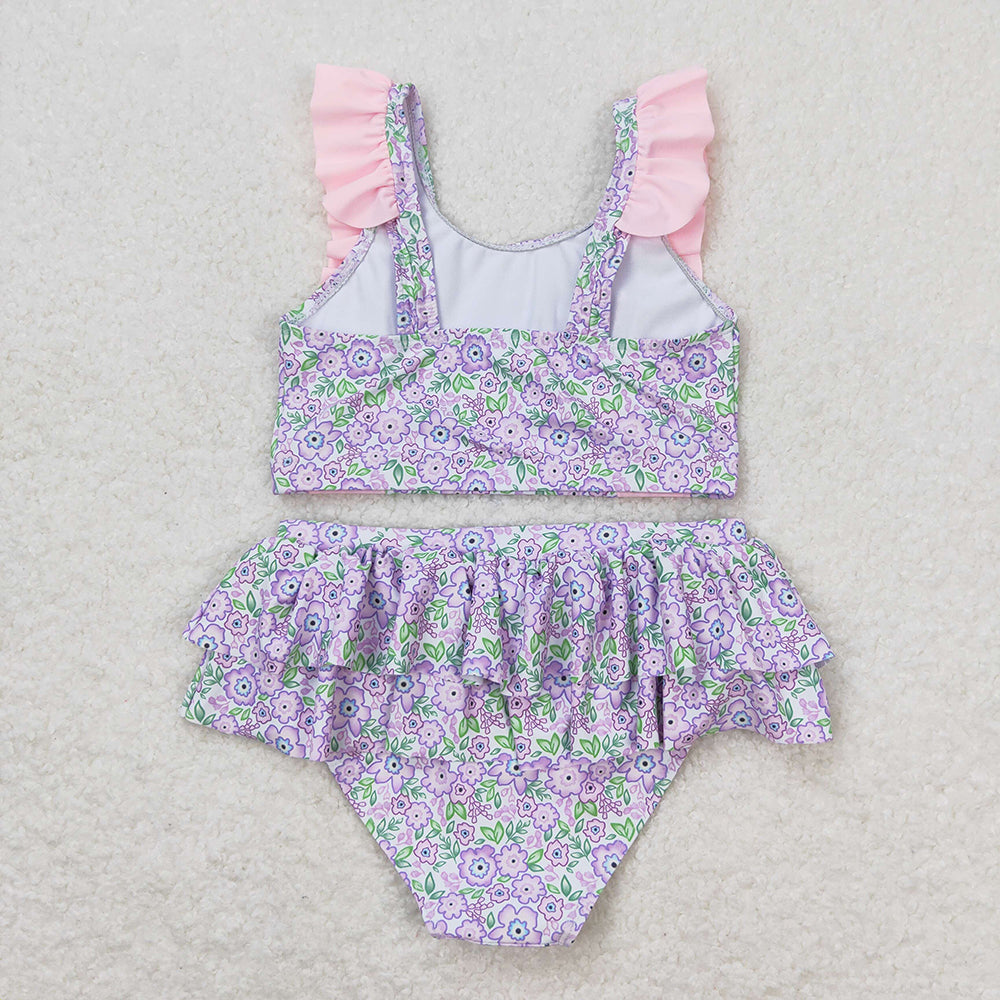 Baby Girls Summer Lavender Flowers Top Ruffle Bummie Swimsuits