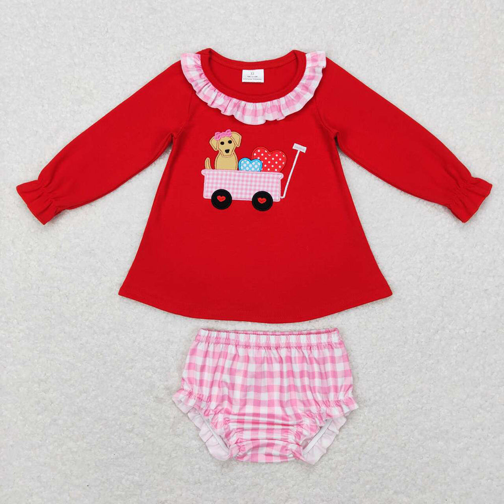 Baby Girls Valentines Dog Tractor Top Bummie Sets
