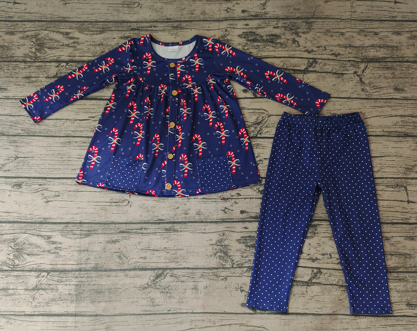 Baby Girls Long Sleeve Navy Candy Cane Pocket Tunic Dots Legging Pants Clothing Sets