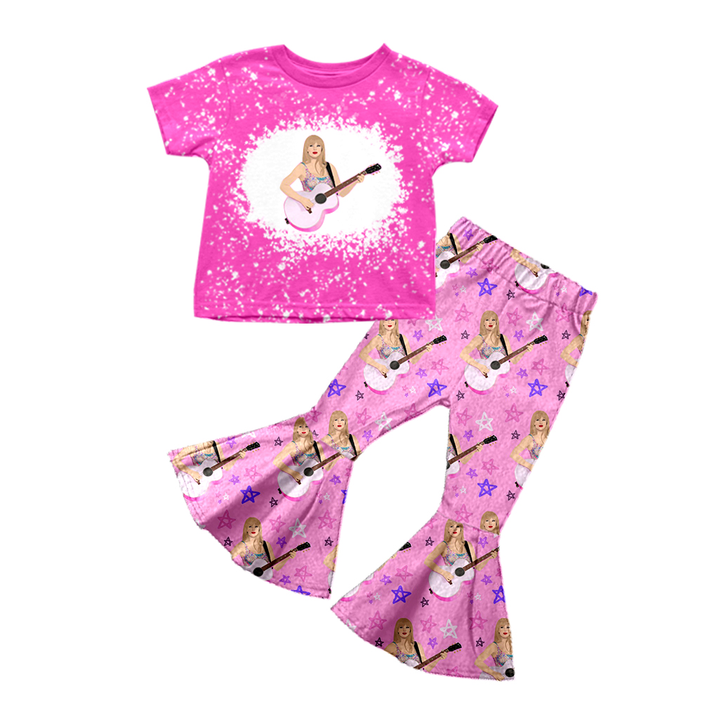 Baby Girls Pink Guita Singer Short Sleeve Tee Top Bell Bottom Pants Clothes Sets preorder(moq 5)