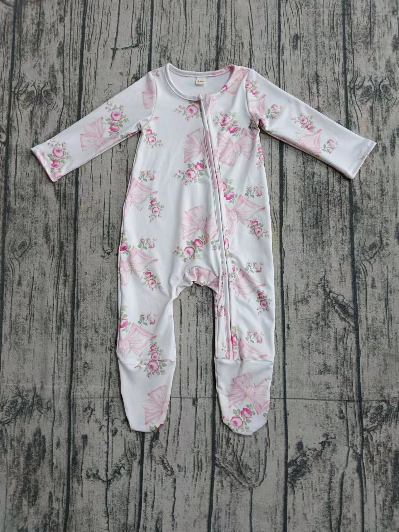 Preorder(moq 5)Baby Infant Girls Flowers Bows White Zip Footie Rompers