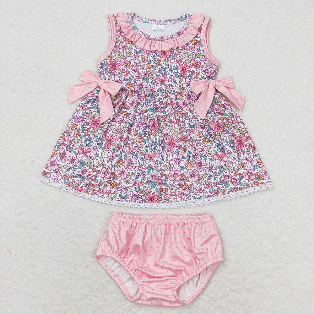 Baby Girls Pink Flowers Bows Sibling Sister Clothes Sets