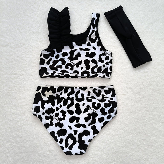 Baby Infant Girls Black Cow Print 3pcs Swimsuits