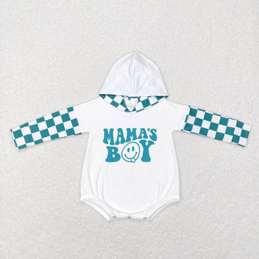 Mama's Boy Baby Kids Green Checkered Hooded Long Sleeve Rompers
