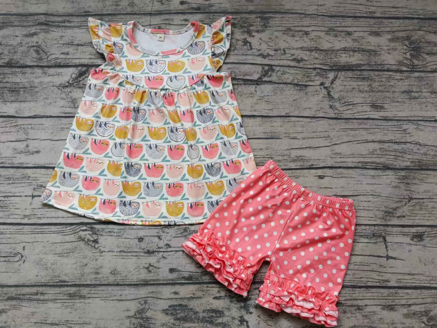 Baby Girls Sloth Tunic Ruffle Shorts Clothes Sets preorder (moq 5)