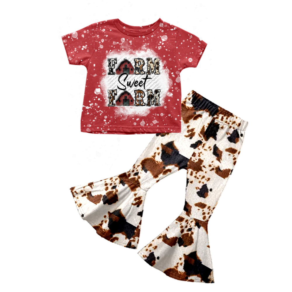 Baby Girls Sweet Farm Short Sleeve Tee Cow Bell Pants Clothing Sets Preorder(moq 5)